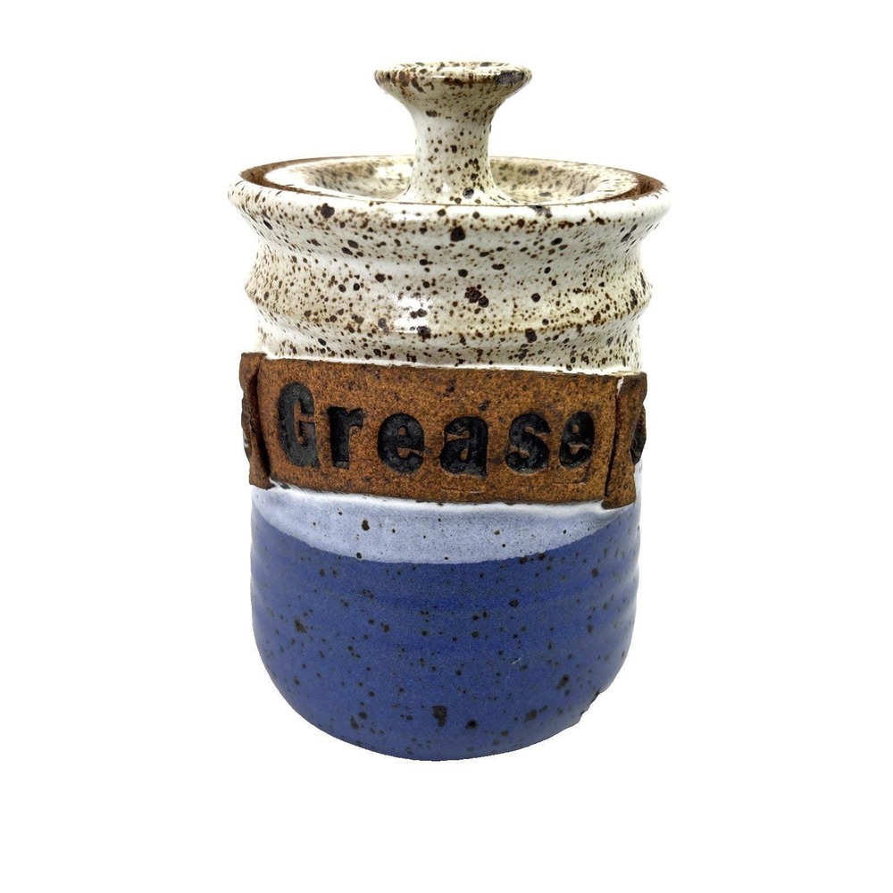 VTG Grease Jar Studio Pottery Roth Blue Artist Signed Homestead Farm Rustic